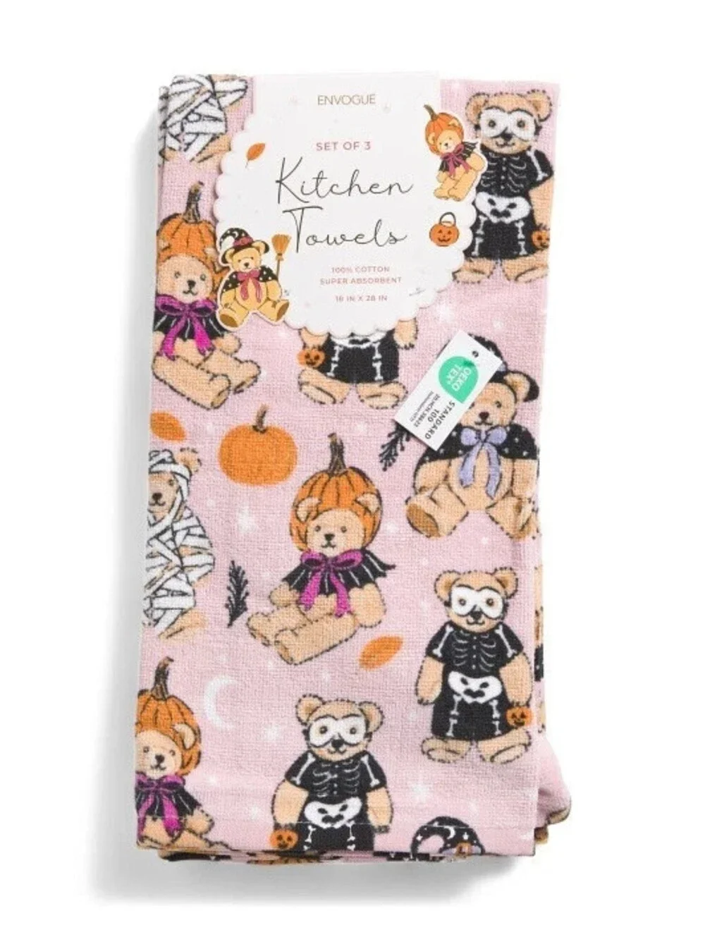 ENVOGUE HALLOWEEN TEDDY BEAR KITCHEN TOWELS SET OF 3 PINK COSTUMES PUMPKIN NWT